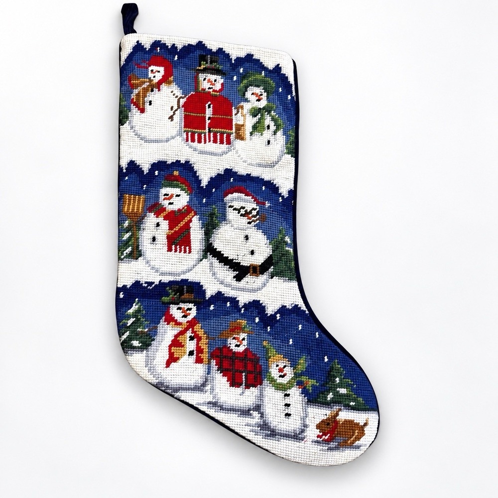 Needlepoint Christmas Stocking 18" Snowmen Navy Velvet Back Holiday Decor